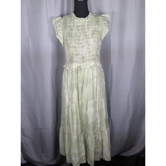Moon River Dresses & Skirts - Moon River Sage Green Tie Dye Smocked Tiered Midi Dress Large Flutter Sleeve